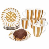 thumbnail of 12tlg Frühstücksset Wald ocker Steingut 6 Personen Teller Becher Zweige Streifen