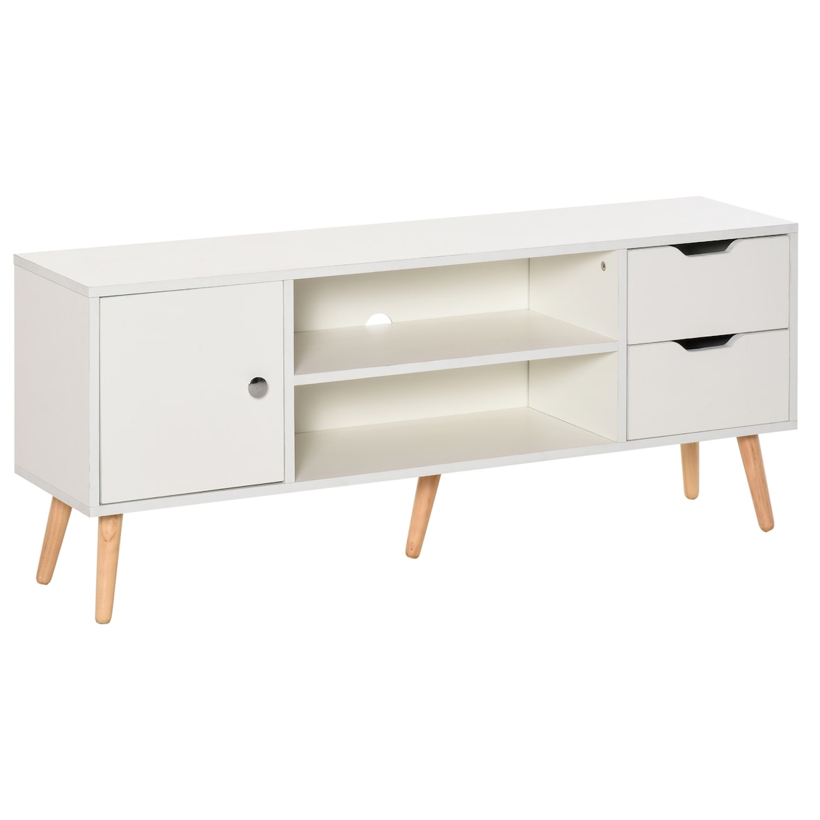 HOMCOM Mueble de TV Mesa de Salón Moderno 120x28x44 cm Gran Almacenaje con Armario Estantes Abiertos y Cajones Carga 30 kg para Dormitorio Sala Blanco