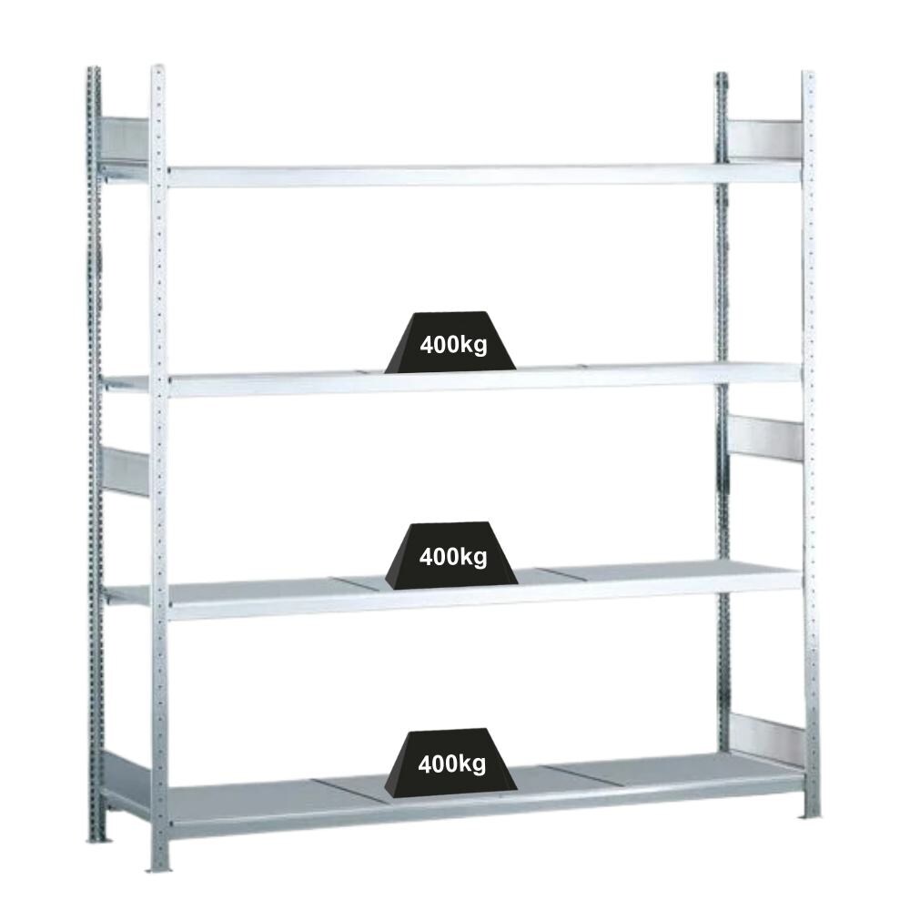 PROREGAL Weitspannregal mit Stahlböden WS 2000 | Grundregal | HxBxT 250x225x60cm | 4 Ebenen | Fachlast 400kg | Verzinkt