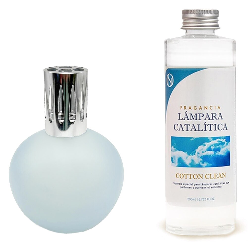 Mat blauwgrijze katalytische lamp + Cotton Clean geur 200 ml - Verwijdert nare geuren en onzuiverheden, parfumeert en verbetert de luchtkwaliteit