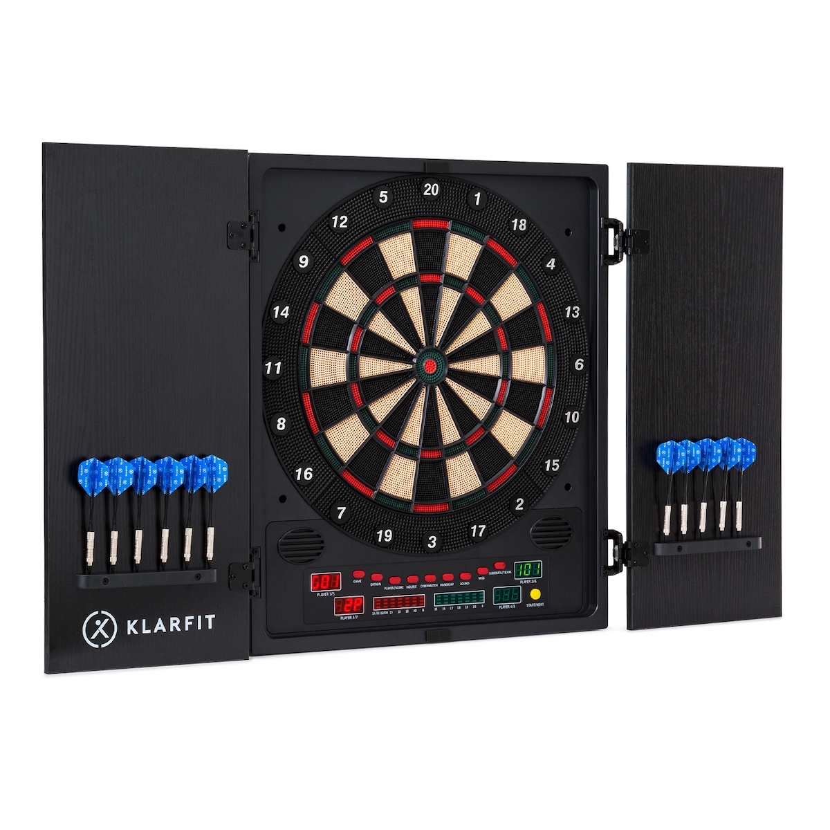klarfit Dartmaster 180 Dartscheibe Fronttür inkl. 12 Pfeilen & 24 Pfeilspitzen Netzteil Wandmontage Mehrfarbig