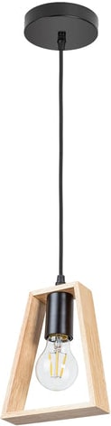Hängelampe LED mit Kabel – Deckenleuchte mit schwarzer Metall-Lampenfassung und Beiger Lampenschirm aus Holz