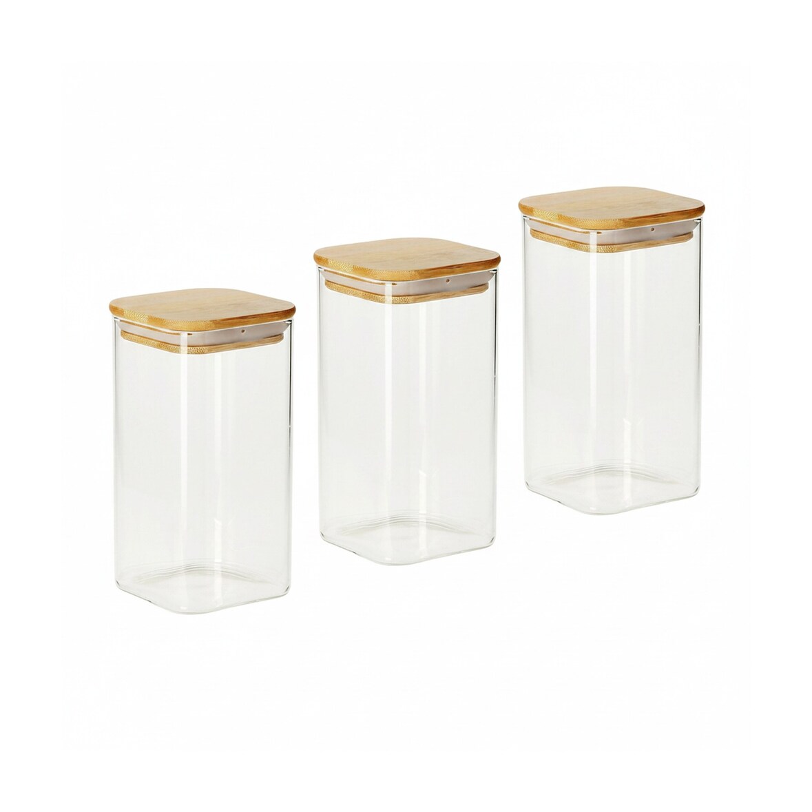 Relaxdays Vorratsgläser mit Bambusdeckel, 3er Set, eckige Vorratsdosen aus Glas, 1500 ml, luftdicht, transparent/natur