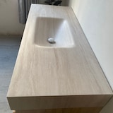 thumbnail of Wandhängendes Badmöbel-Set Travertin-Look mit Sinterstein Waschbecken Spiegel Unterschrank Ablage mit Armaturloch 120×55 cm【RW9865-120 BKK】