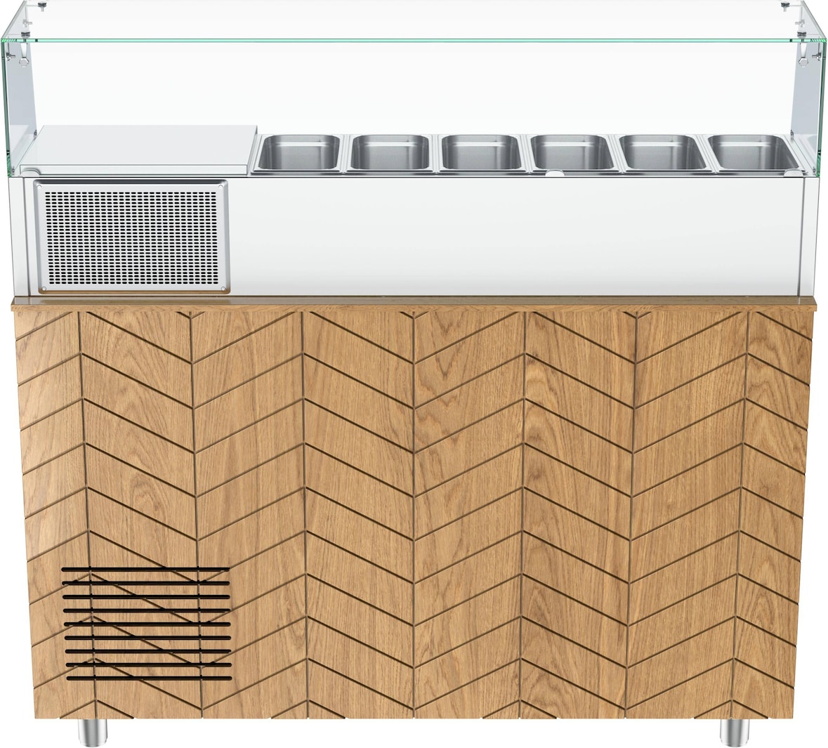 Gastronics Pizzakühltisch Premium – Kühltheke mit schwarzem Compact im Marmor-Design, Fischgrätenverkleidung, LED 2 Türen 154 x 80 x 145 cm