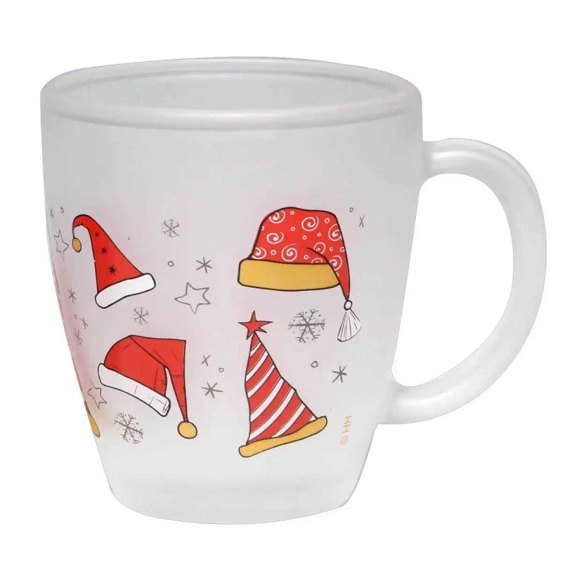 6x Glastasse frosted Weihnachten Mütze weiß/rot/grau Ø9x10cm Tasse Glühwein Punsch