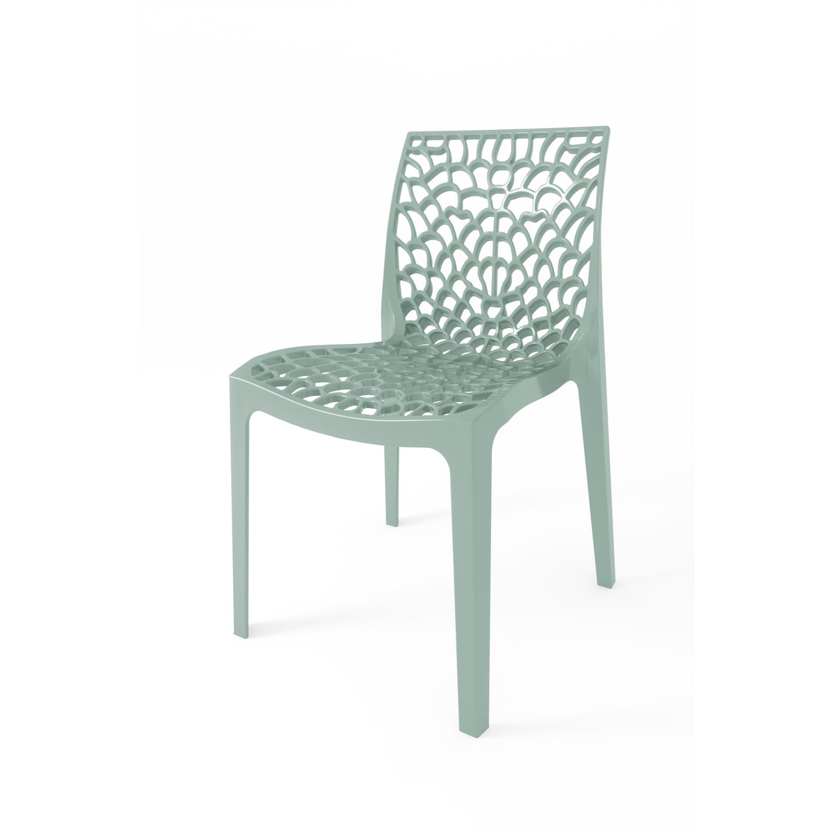 Chaise Saphir en polypropylène de haute qualité, coloris Vert Frosty, empilable. Marque Grandsoleil. Dimensions : 52x51x81 cm.