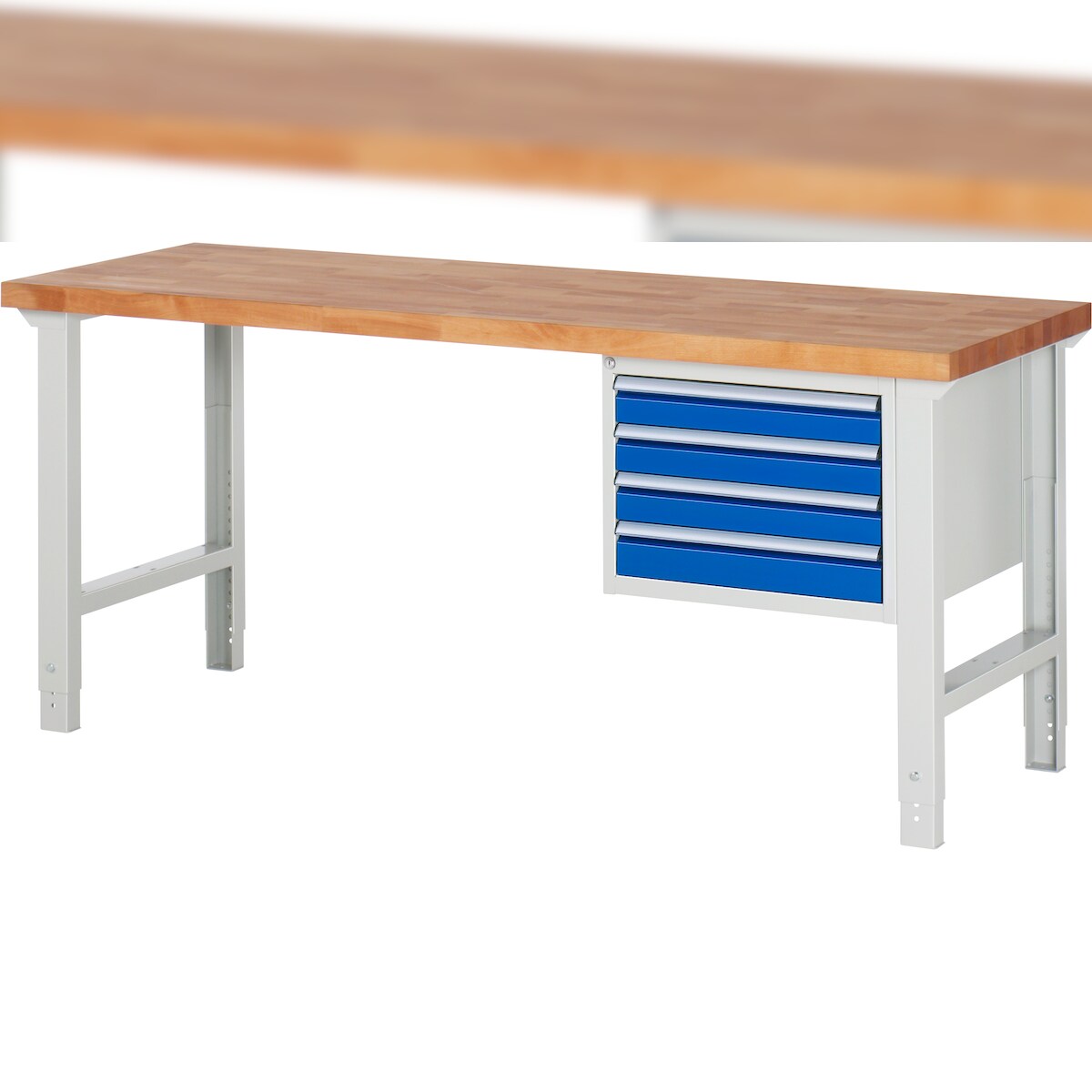 PROREGAL Werkbank Serie 7000 - Modell 7133 | HxBxT 79-114x200x70cm | 4x Schublade | Schubladenmaße 4x90mm | Lichtgrau | Arbeitstisch Werktisch