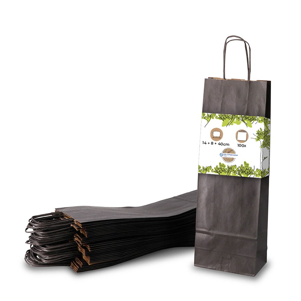 BIOZOYG 100 Stück Geschenktaschen schwarz Flaschentaschen für Weinflaschen Weinbeutel aus Kraftpapier umweltfreundliche Weintüten aus Kraftpapier