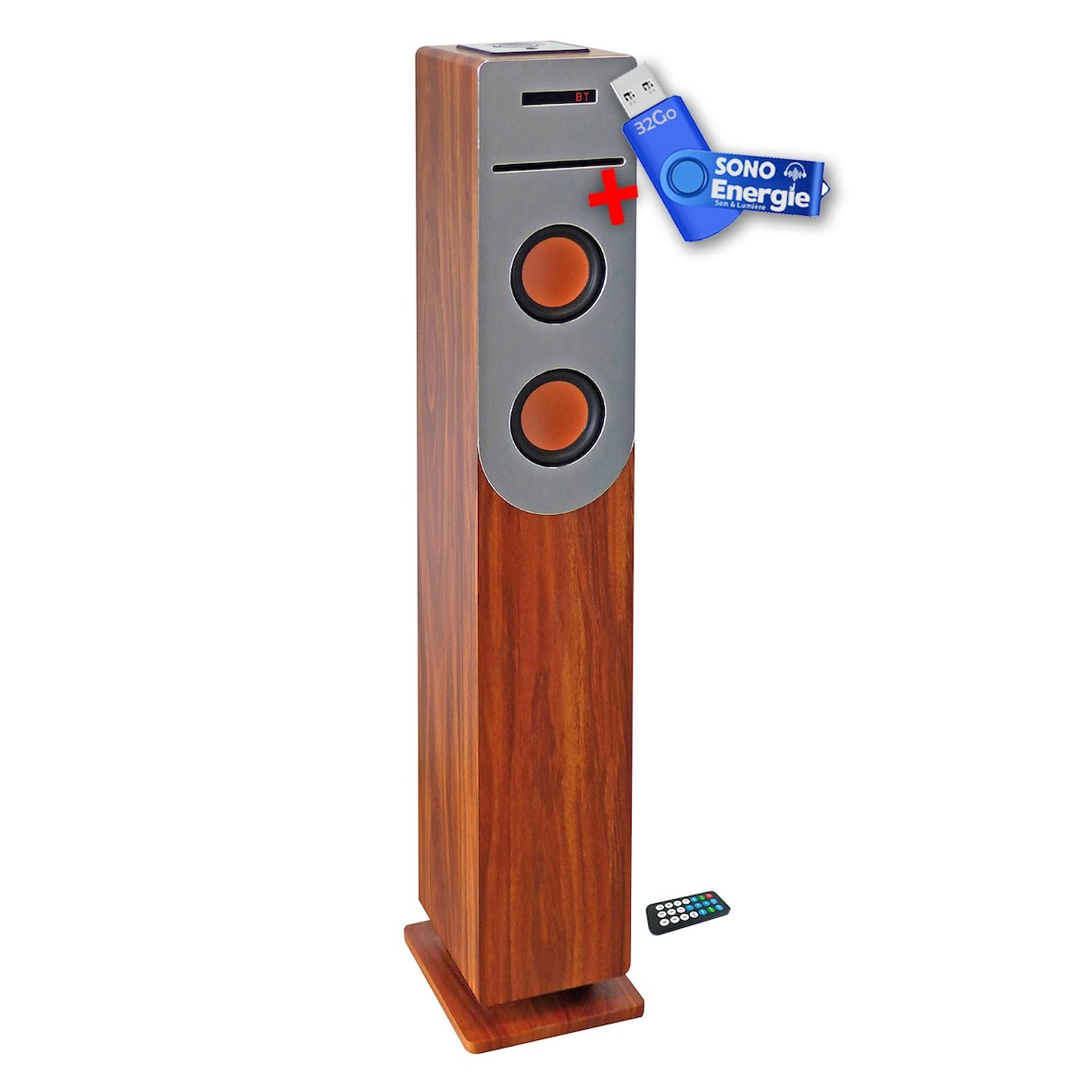 Tour de son finition Bois avec lecteur CD, Bluetooth, FM et USB, 100W + télécommande+clé USB 32Go