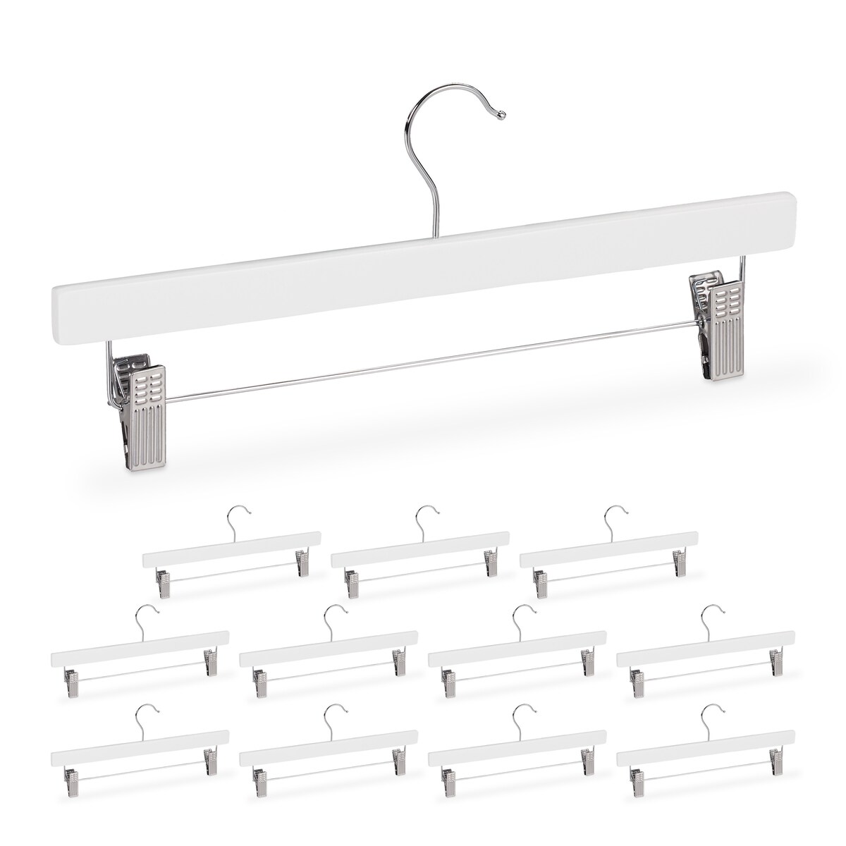 Relaxdays Hosenbügel Holz, 12 Stück, verstellbare & gummierte Clips, 360° drehbarer Haken, Rockbügel, 35,5cm breit, weiß