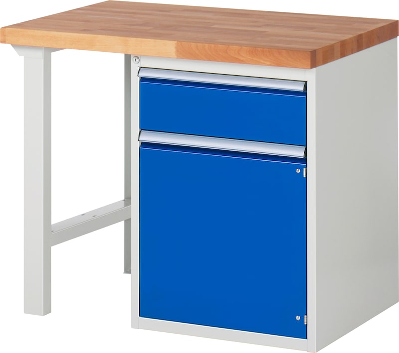 Ein Werkstatttisch mit blauer Schublade und Tür.
