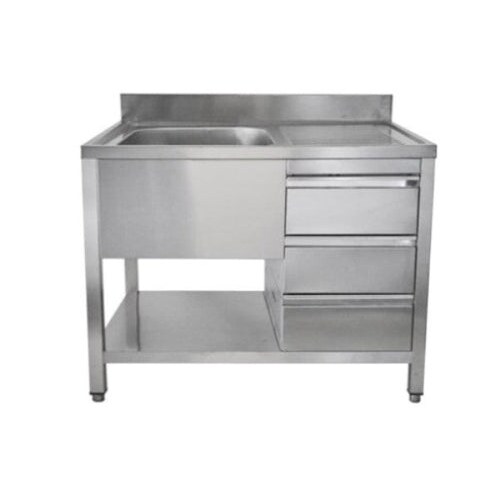Edelstahl Spültisch 1 Becken links, mit Grundboden, mit Aufkantung, 3 Schubalden rechts, Premium - alle Größen montiert: 160 x 70 cm / mit Aufkantu