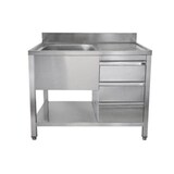 thumbnail of Edelstahl Spültisch 1 Becken links, mit Grundboden, mit Aufkantung, 3 Schubalden rechts, Premium - alle Größen montiert: 160 x 70 cm / mit Aufkantu