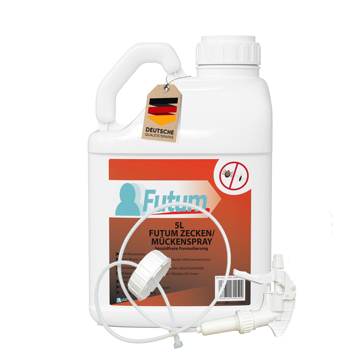 FUTUM 5L Zeckenspray / Mückenspray bekämpft Insekten, Eier, Larven ohne Biozide auf Wasserbasis,  Sofortwirkung ohne Flecken  + 5L Sprüher