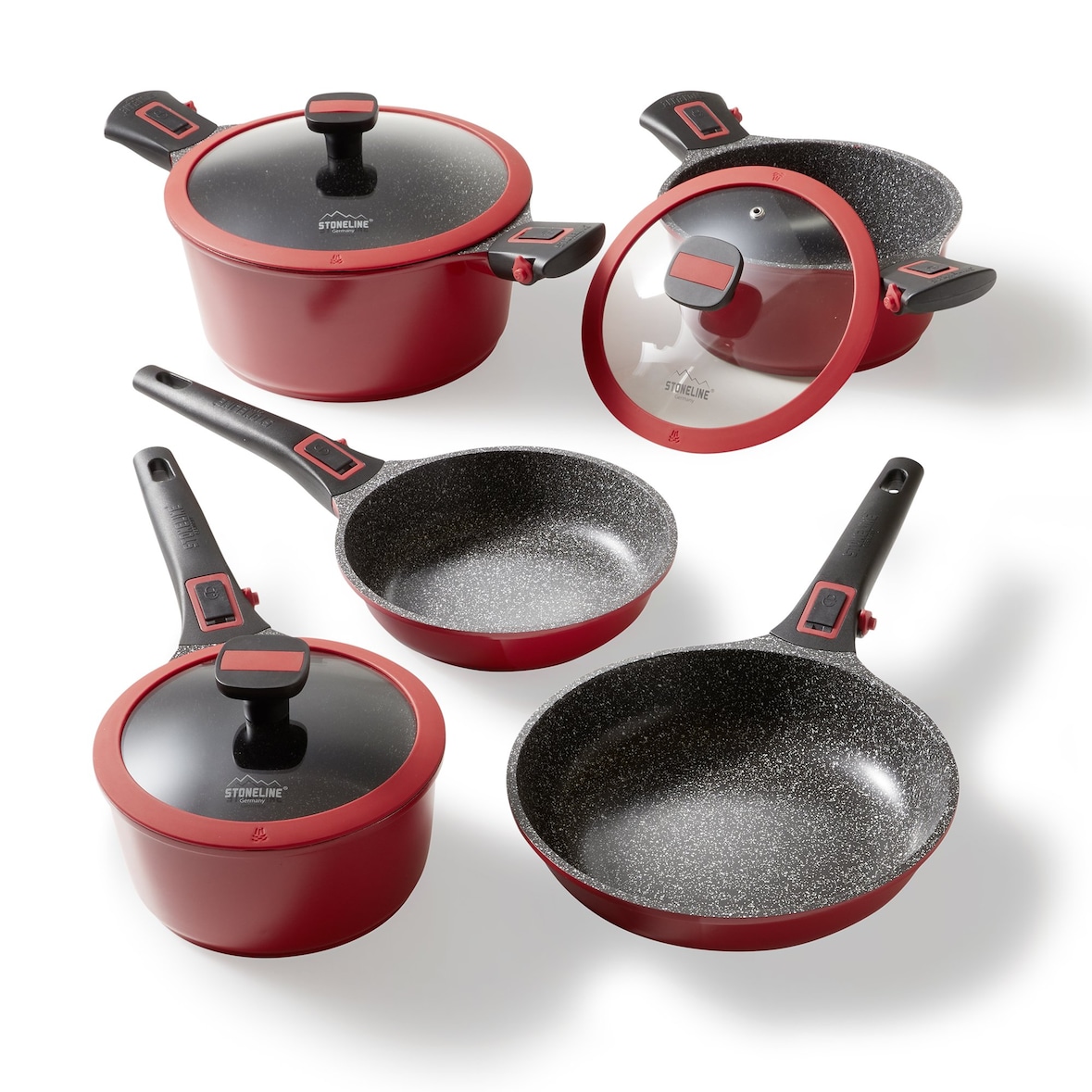 STONELINE® Imagination PLUS Kochgeschirr-Set, 8-tlg., mit abnehmbaren Griffen, rot