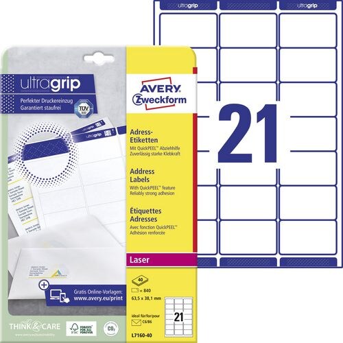 AVERY Zweckform Abziehhilfe QuickPEEL,ultragrip Adressetiketten L7160-40 Selbsthaftend DIN A4 Weiß 63,5 x 38,1 mm 40 Blatt à 21 Etiketten