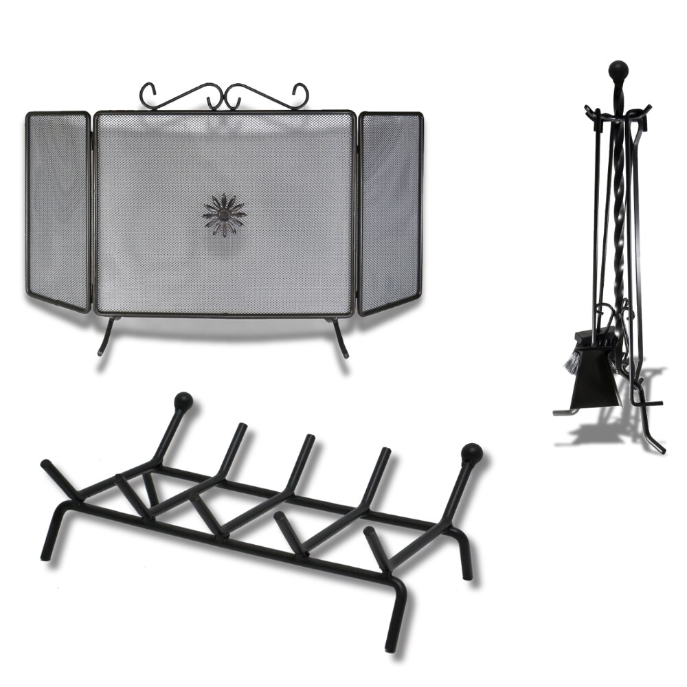 Kit camino 3 pezzi in ferro battuto verniciato con brucialegna 4 barre parascintille diritto gruppo camino