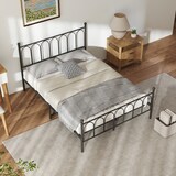 thumbnail of Einzelbettgestell 140x200 Metallbett Stahlrahmen stabil 150kg belastbar Kopfteil Muster Anti-Rutsch Anti-Lärm Bettgestell für Gästezimmer Schwraz