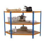thumbnail of Maderclick Eckregal aus Metall ohne Schrauben, 3 Böden. Farbe BLAU/ORANGE/HOLZ 900x900x400 mm