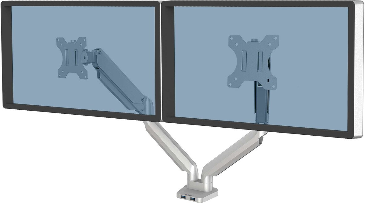 Fellowes Brazo para monitor doble horizontal Platinum con 2 puertos USB, tamaño máximo monitor 32", fijación de pinza o atornillado a la mesa