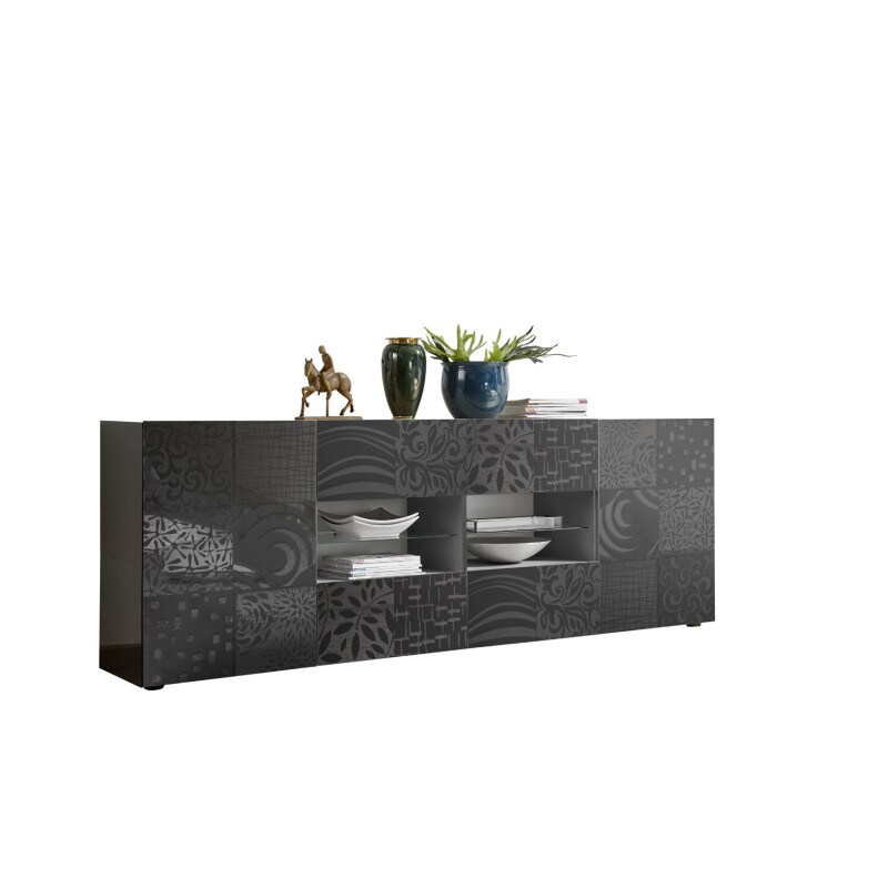 Matelpro - Buffet/bahut moderne 4 portes laqué gris brillant Orlane - Moderne & Design -Gris laqué brillant -  -Types de portes: Battantes