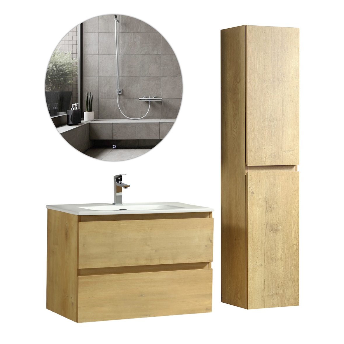 Alpenberger Badmöbel Set mit Hochschrank und Badspiegel Rund | Waschtisch mit Unterschrank Badezimmermöbel | Waschbecken mit Waschbeckenunterschrank