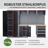 thumbnail of Werkstattwand 13-tlg. modulares Werkstattschranksystem aus Stahl mit massiver Holzarbeitsplatte rot