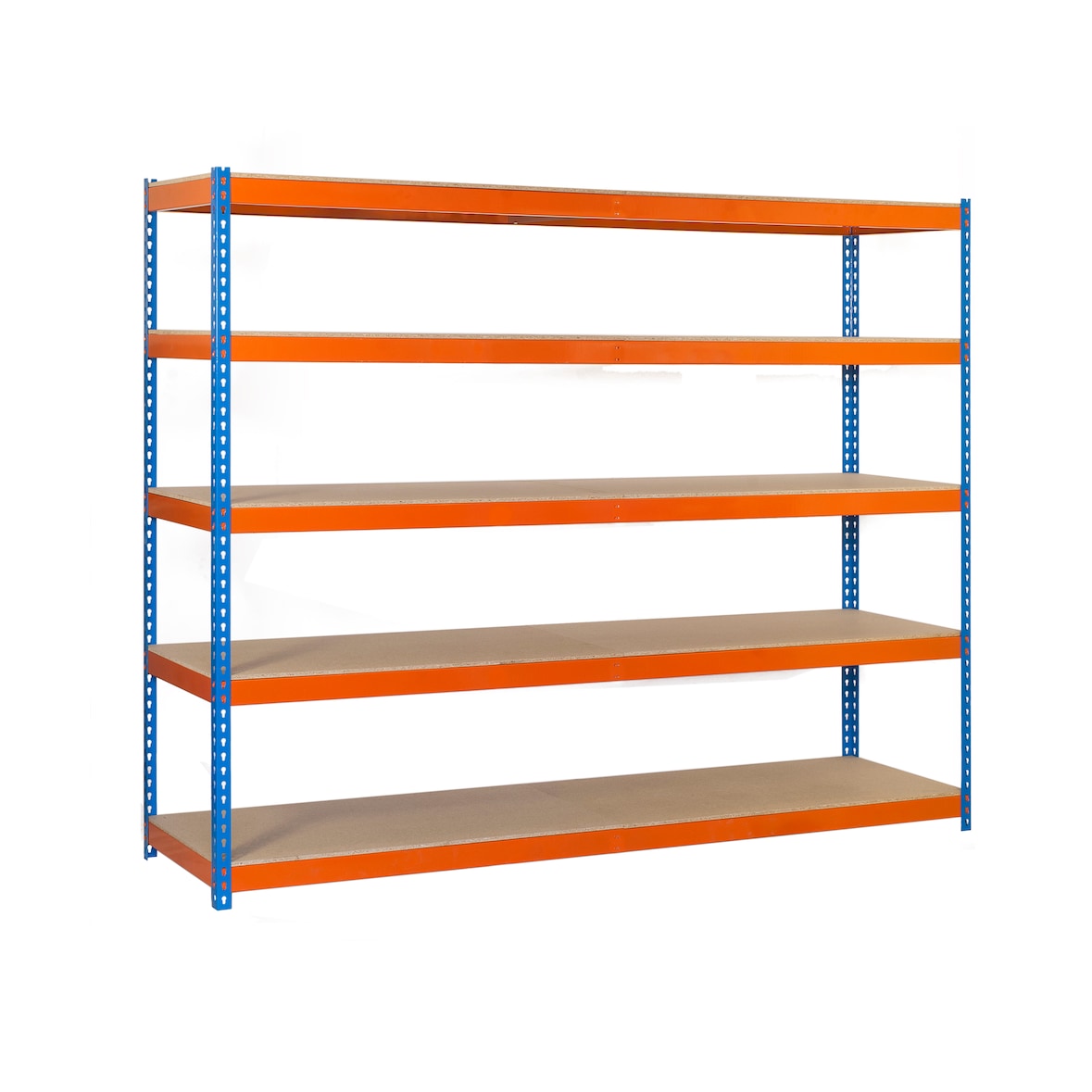 Simon Rack Estanteria Industrial, 2500x1500x750 mm, 600 kg de Punto Flexión, 5 Estantes Madera, Azul/Naranja/Madera - SimonTaller