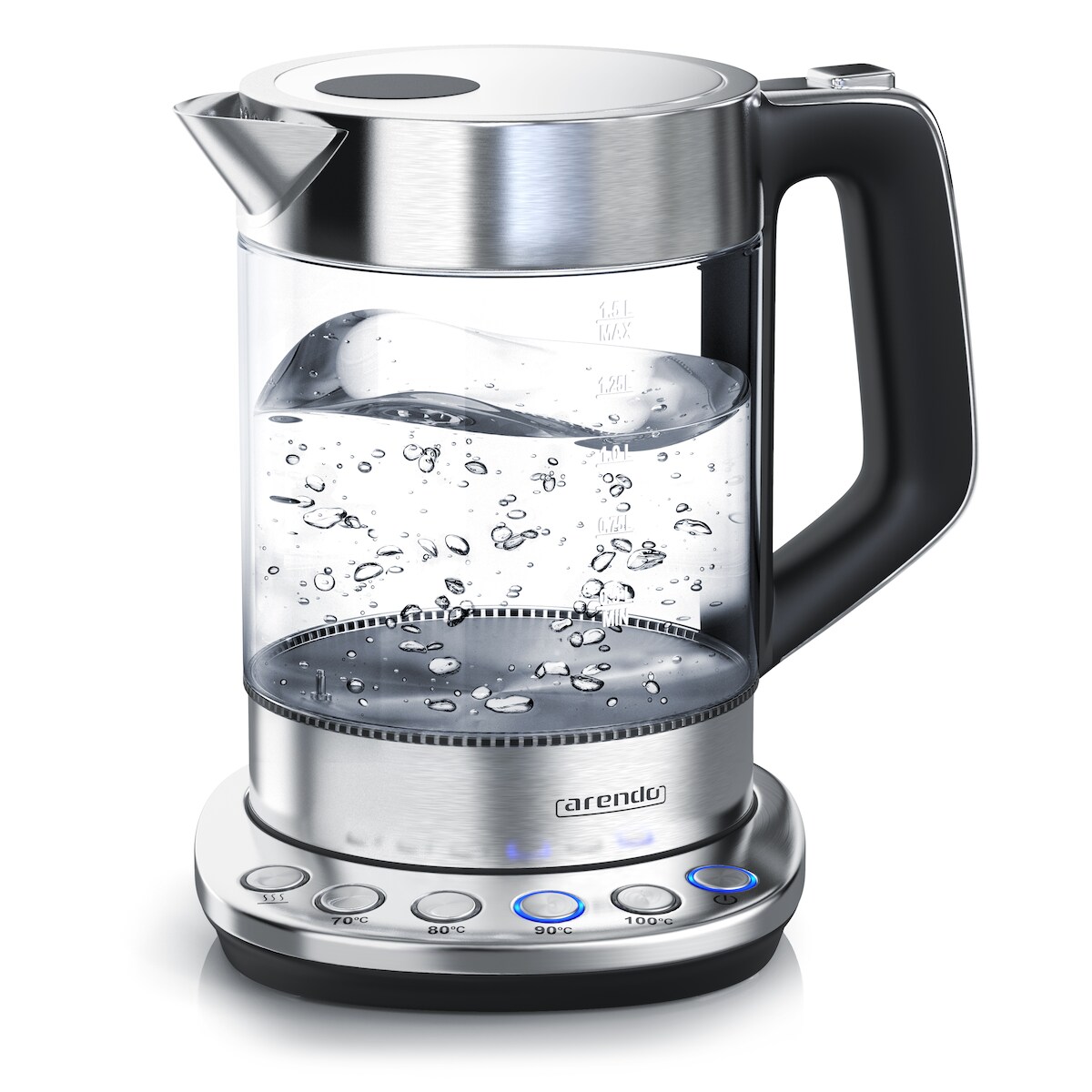 Arendo Wasserkocher 1,5 l, 2200 W, Edelstahl & Glas mit Basisstation, Temperatureinstellung 70° C - 100° C - silver multi-material