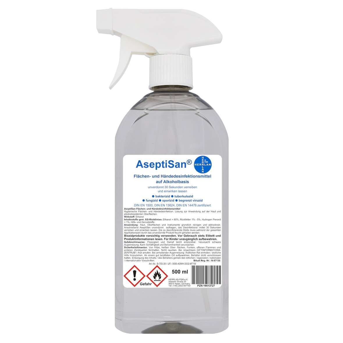 AseptiSan - 500 ml Sprühflasche I Händedesinfektionsmittel I Pharmazentral-Nr-16613727 I HERRLAN Qualität I Made in Germany