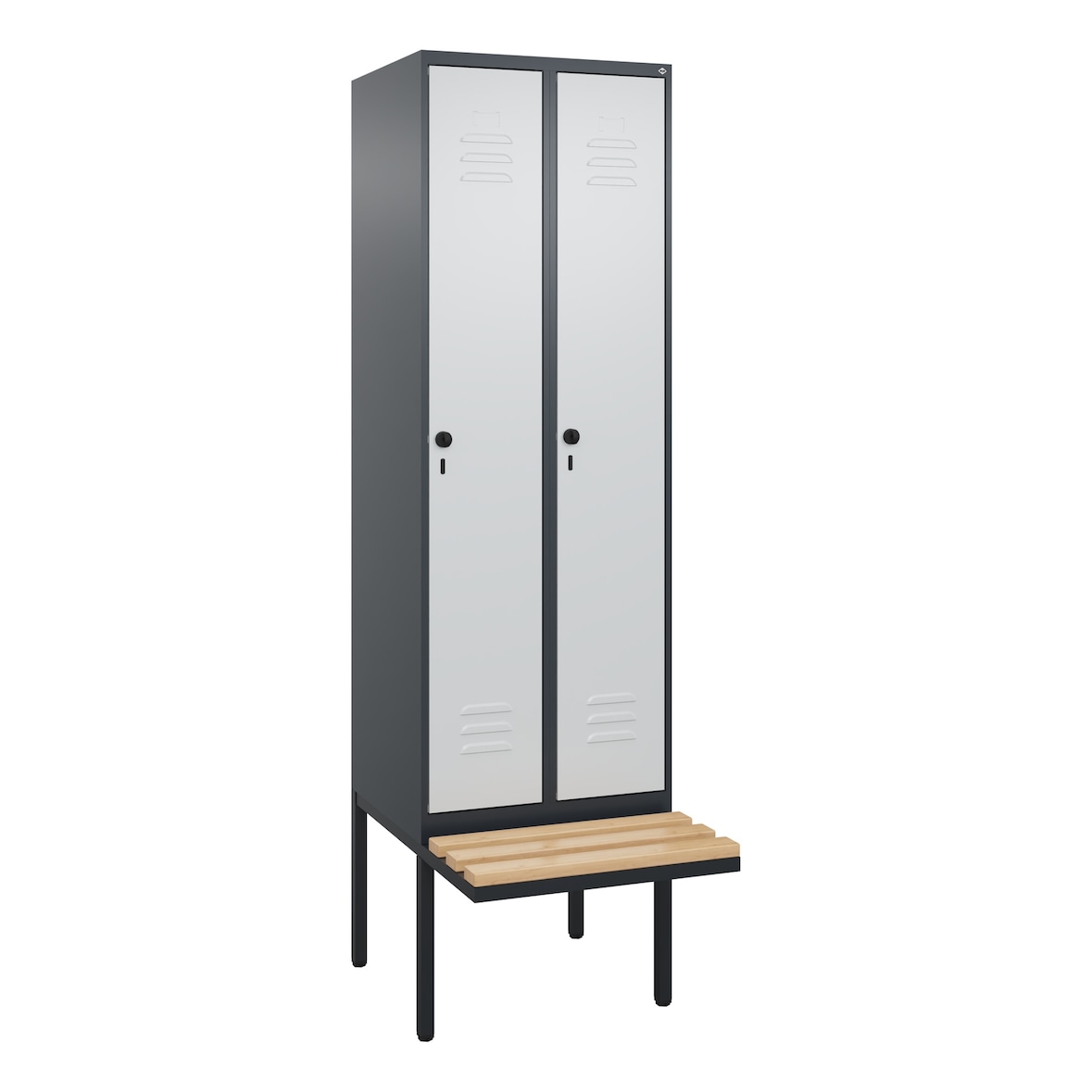 C+P Spind Classic PLUS, schwebender Sitzbank aus Buche 2 Abteile, HxBxT 212x60x82cm, Sicherheitsdrehriegel, Anthrazit/Hellgrau von PROREGAL