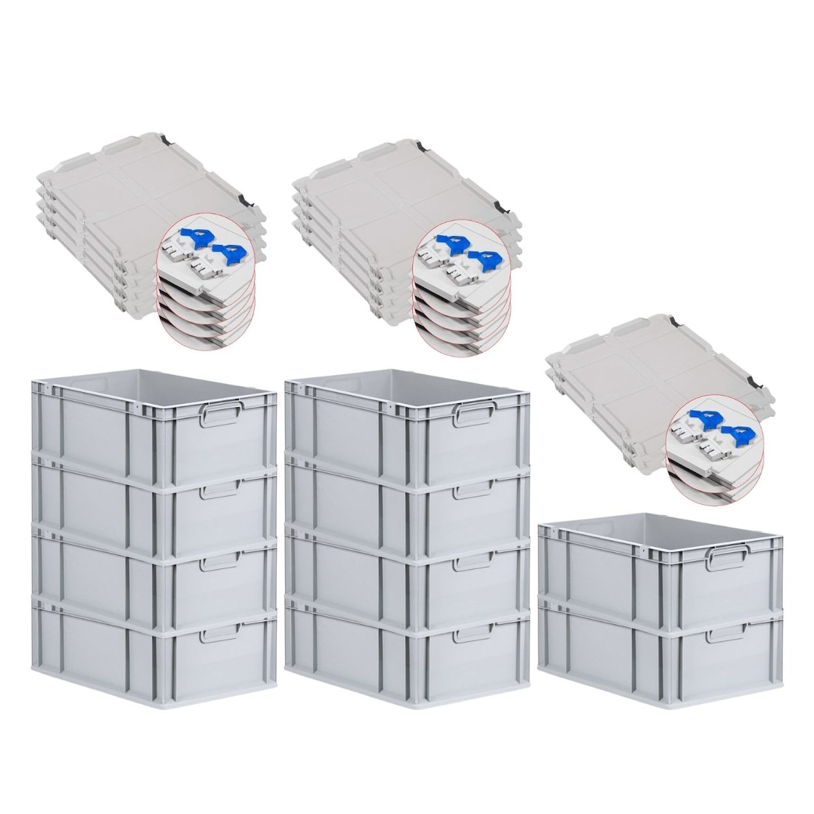 PROREGAL 10x Eurobox NextGen Grip mit Scharnierdeckel & blauen Verschlüssen | HxBxT 22x40x60cm | 44 Liter | Griffe geschlossen | Verstärkter Boden