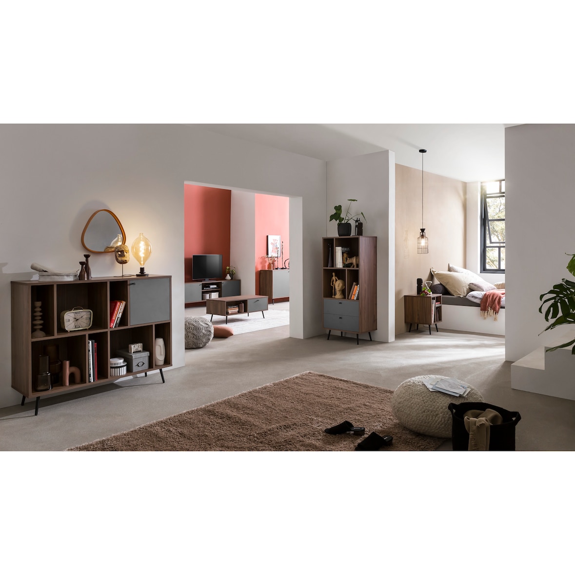 SalesFever Bücherregal mit 7 offenen Fächern und 1 Tür | MDF | Füße Metall | B 118 x T 40 x H 76 cm | grau-walnuss