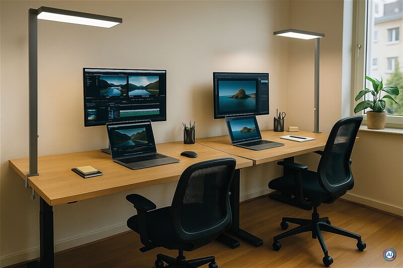 Zwei moderne Schreibtische mit Computern und Lampen.