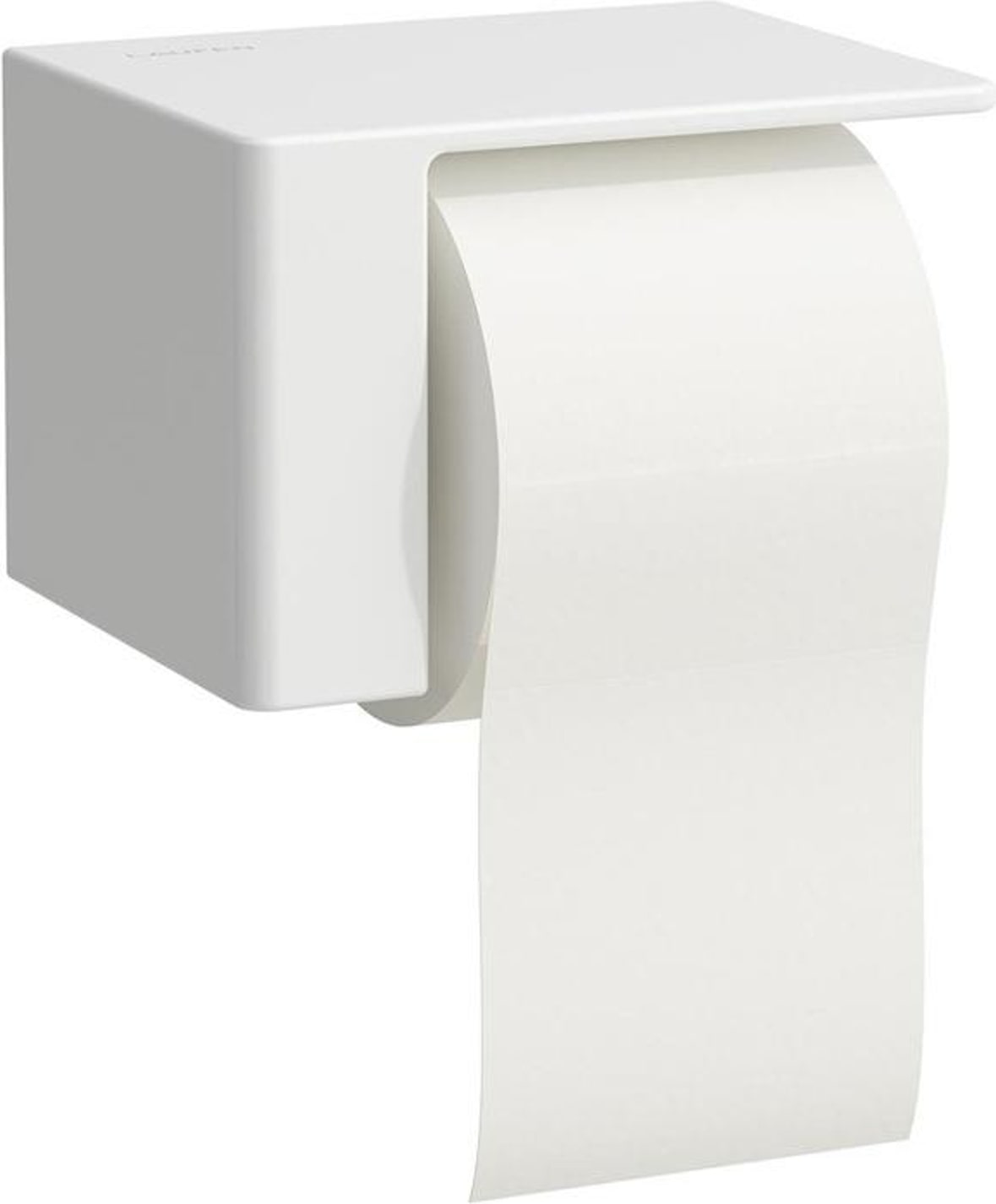 Ein weißer Toilettenpapierhalter mit einer Rolle.