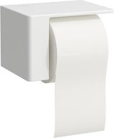 Ein weißer Toilettenpapierhalter mit einer Rolle.