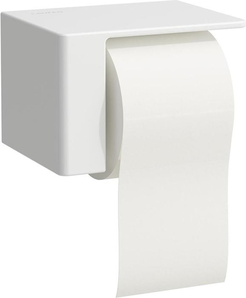 Ein weißer Toilettenpapierhalter mit einer Rolle.