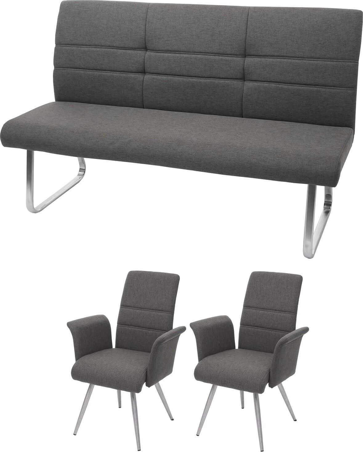 Décoshop26 - Set aus 2 Esszimmerstühlen mit Armlehnen + 180 cm Bank in graubraunem Stoff und Edelstahl 04_0007487