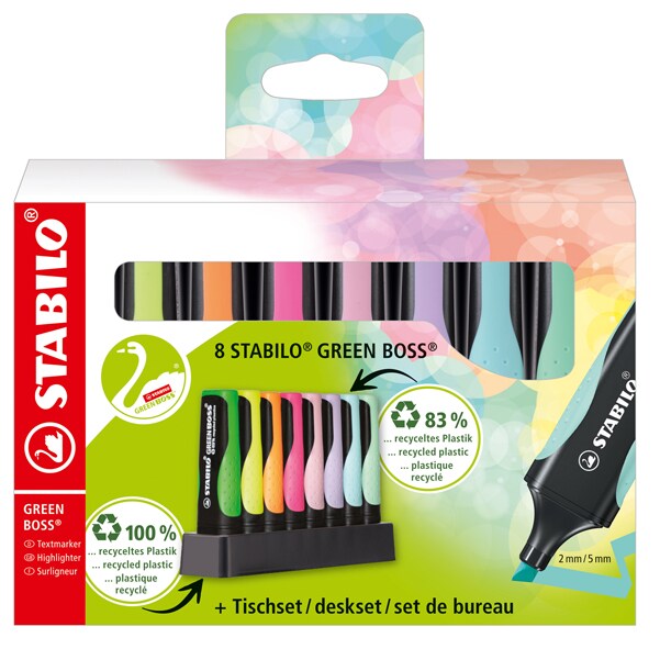 STABILO Set de bureau de 8 surligneurs GREEN BOSS. Pointe biseautée. Encre à base d'eau. Assortis Pastel