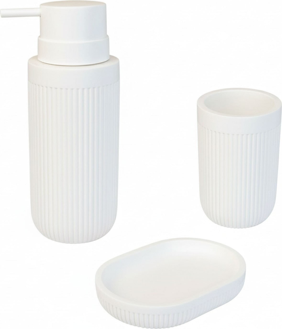 Relaxdays Bad Accessoires, 3-teilig, Seifenschale, Seifenspender, Zahnputzbecher, Polyresin, Bad Zubehör Set, weiß