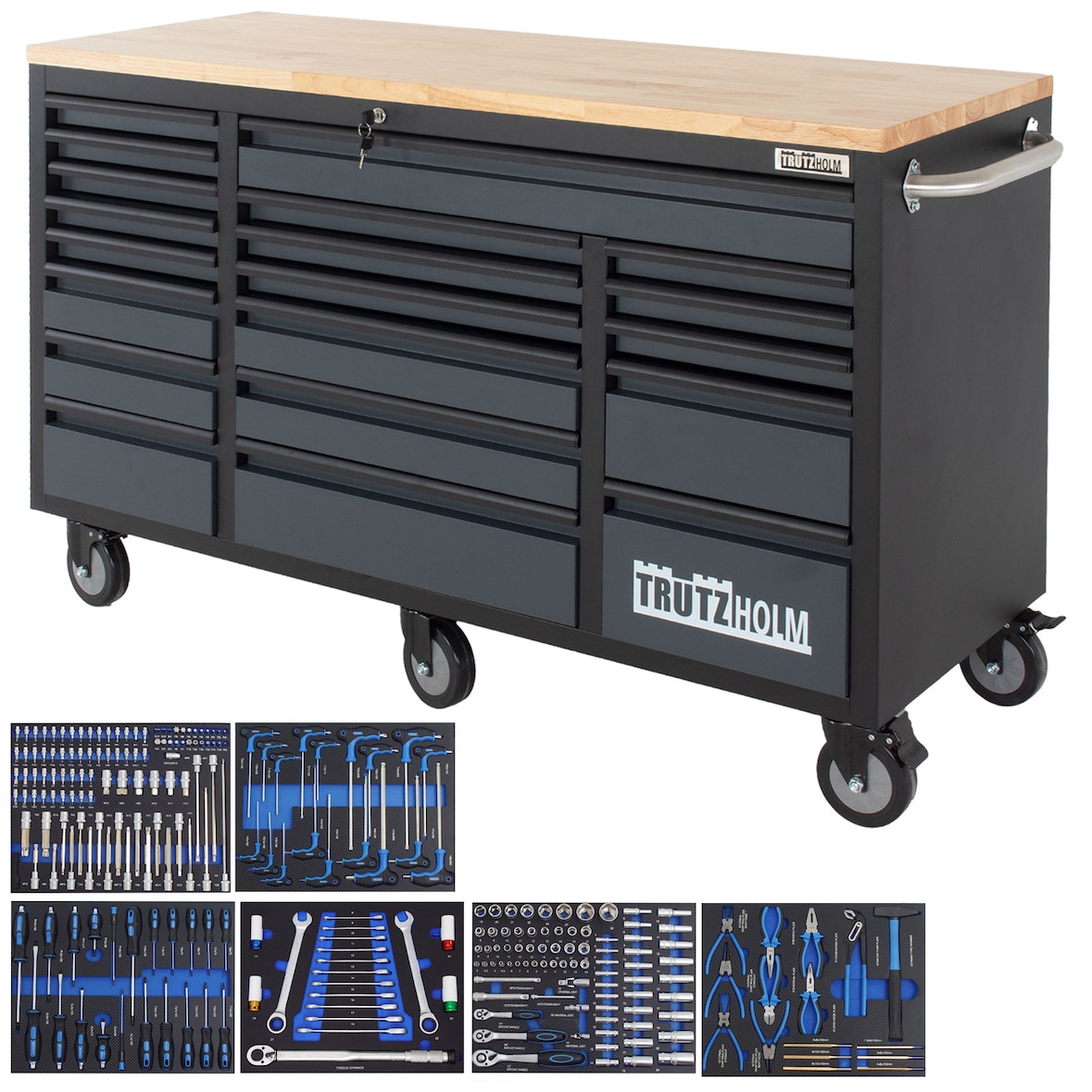 Werkstattwagen Deluxe XXL 160x91cm 20 Schubladen gefüllt 254tlg CRV Anthrazit Werkzeugwagen Hartholz