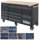 thumbnail of Werkstattwagen Deluxe XXL 160x91cm 20 Schubladen gefüllt 254tlg CRV Anthrazit Werkzeugwagen Hartholz