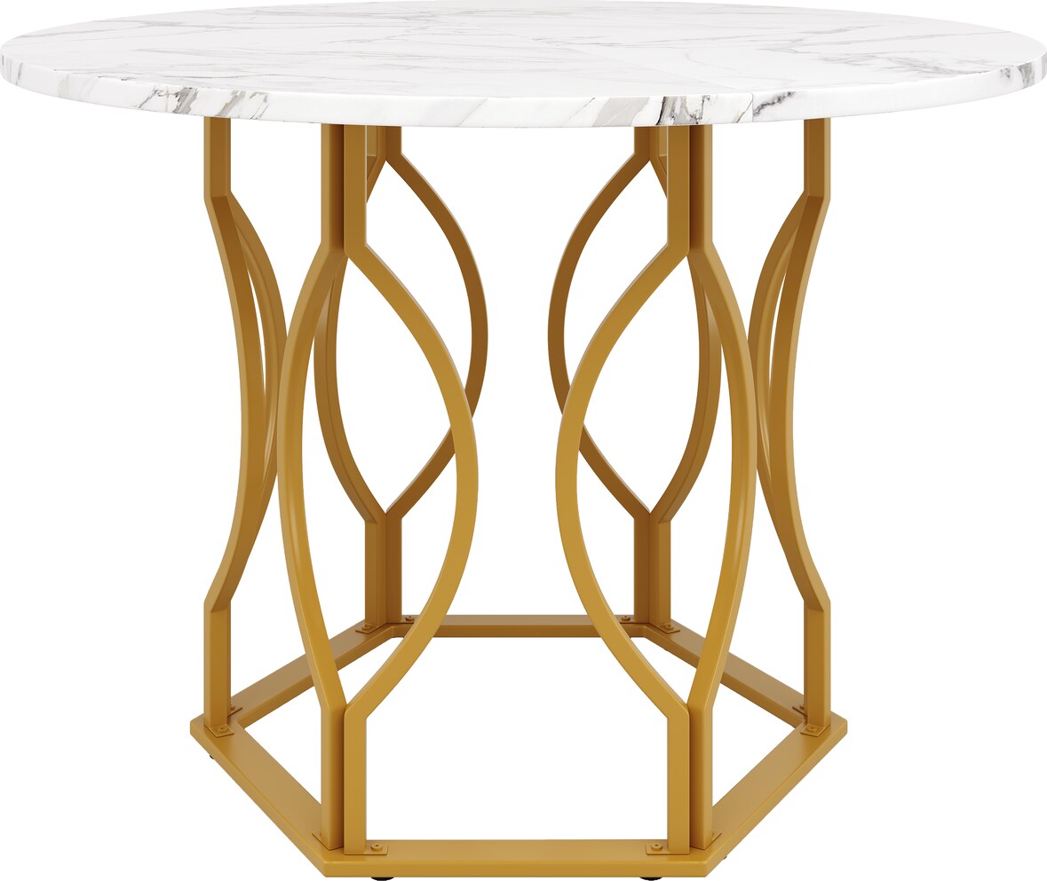Esstisch rund 100x100x76  Weiß+Gold MDF Tischplatte mit Marmoroptik Metallbeine mit Bodenausgleich, stabil und pflegeleicht