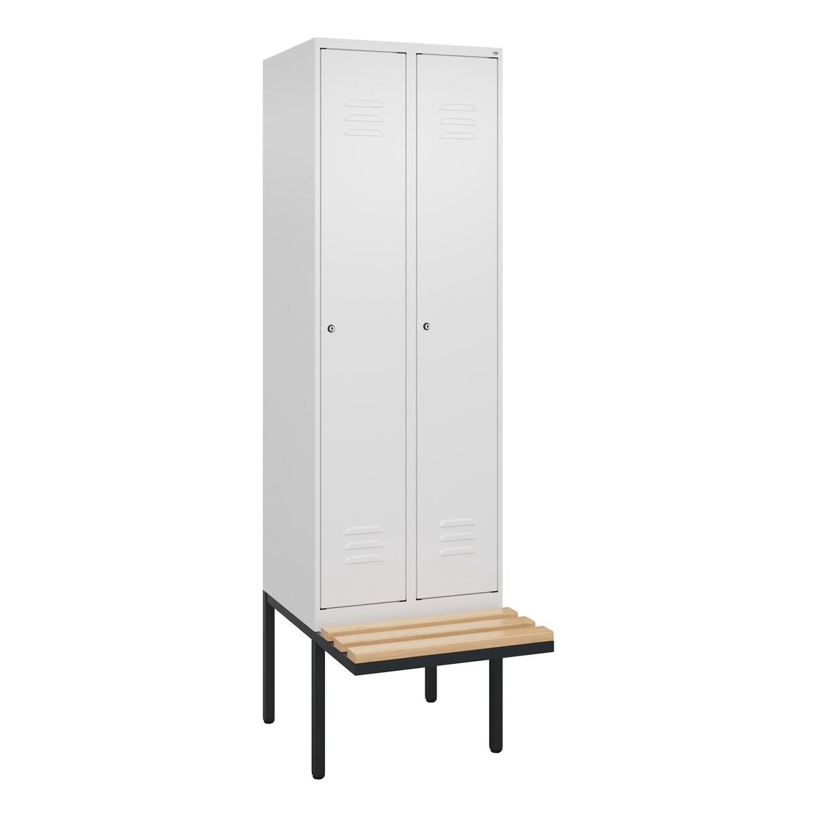 C+P Spind Classic PLUS, schwebender Sitzbank aus Buche 2 Abteile, HxBxT 212x60x82cm, Zylinderschloss, Verkehrsweiß von PROREGAL