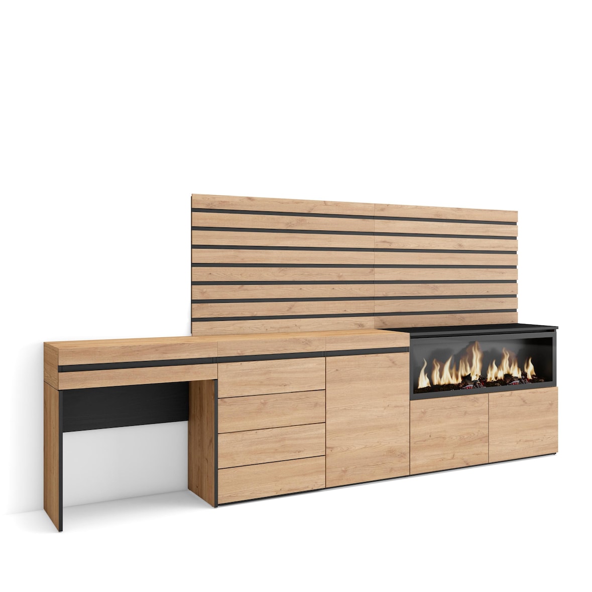 Cassettiera, Tavolo da toeletta, stoccaggio, 284x35x145cm, Con cassetto, Camino elettrico XXL, Cassettiera, Pannelli Decorativi, Rovere _ 452_64