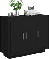 Ein schwarzer Schrank mit drei Türen und Pflanzen.