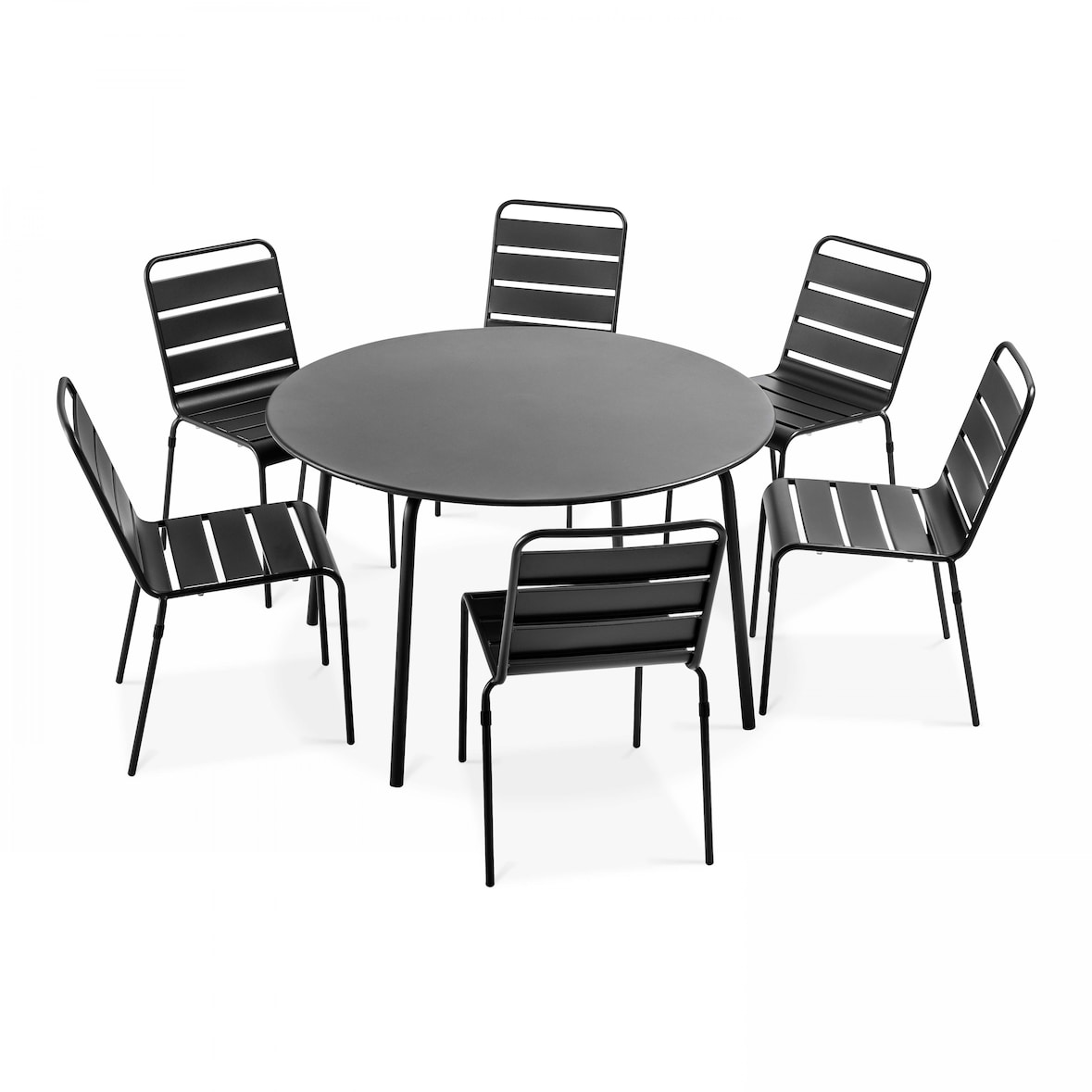 Ronde tuintafel en 6 stoelen in antraciet metaal