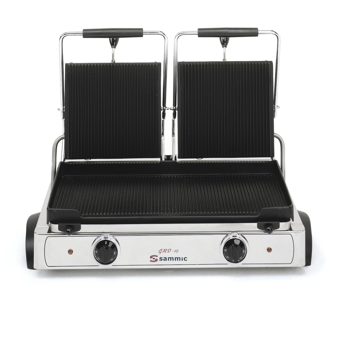 SAMMIC Plancha eléctrica de hierro fundido, con tapas, de 550 x 245 mm mod. GRD-10. Superficies inferior y superior acanaladas.