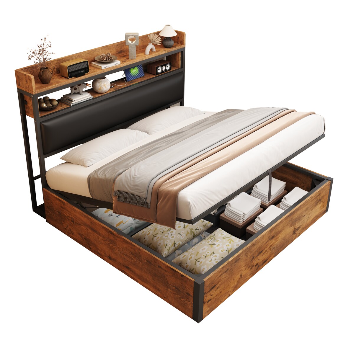 Bettrahmen 180x200 cm mit hydraulischer Hebevorrichtung und USB – elegantes Vintage-Design aus Holz und Metall Schwarz